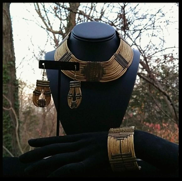 ❌️SOLD❌️ VINTAGE Boho Gold Gilt MultiCord MixedMetal Parure - Picture 2 of 16
